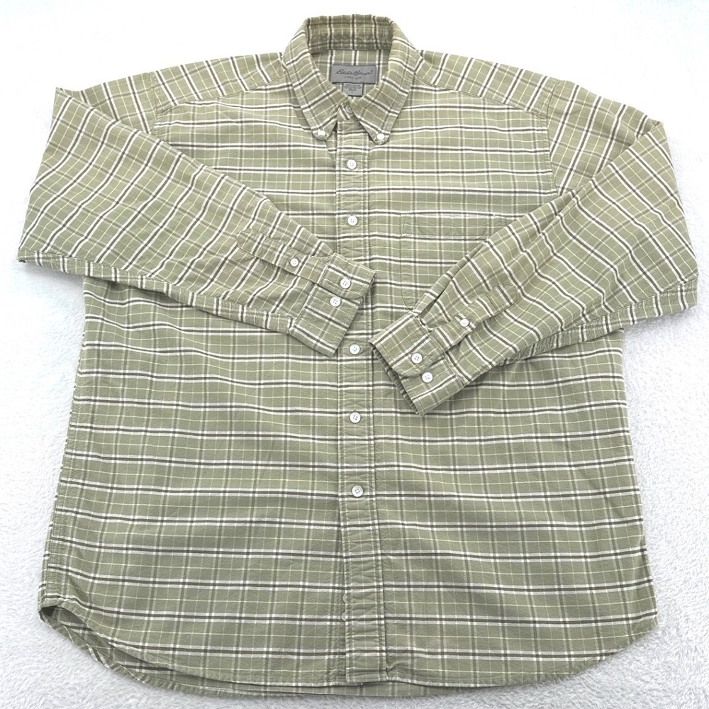 Eddie Bauer Plaid Mens Button Down Shirt L Green Long Sleeve Cotton Casual